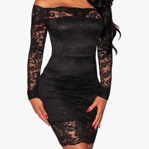 Off Shoulder Floral Lace Solid Pencil Dress